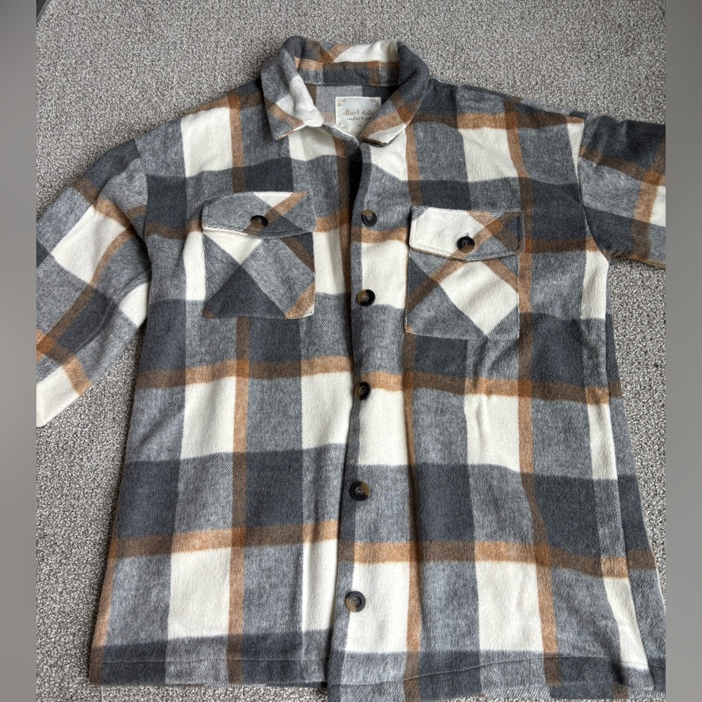 Altar’d State Plaid Shacket in Gray, Cream, and Tan